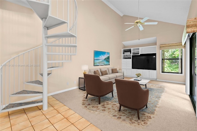 living room featuring ceiling fan, light colored carpet, and high vaulted ceiling