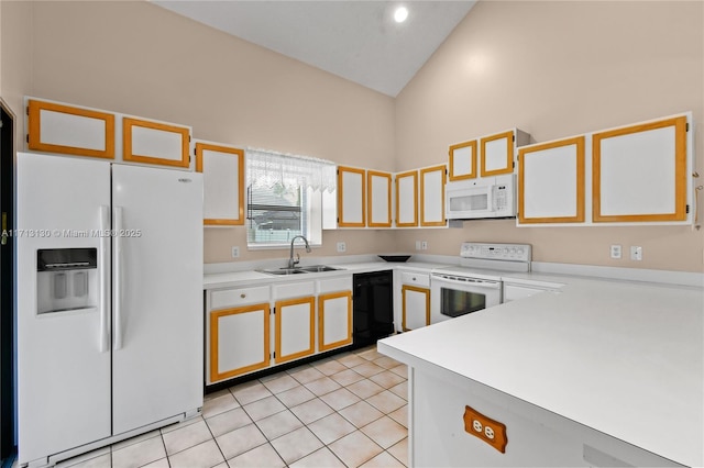 kitchen featuring sink, high vaulted ceiling, light tile patterned floors, white appliances, and white cabinets