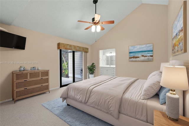 carpeted bedroom with ceiling fan, connected bathroom, access to outside, and high vaulted ceiling