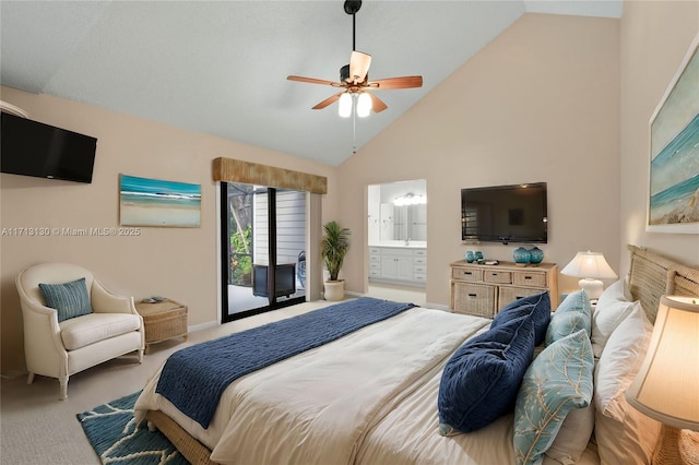 carpeted bedroom with connected bathroom, access to outside, high vaulted ceiling, and ceiling fan