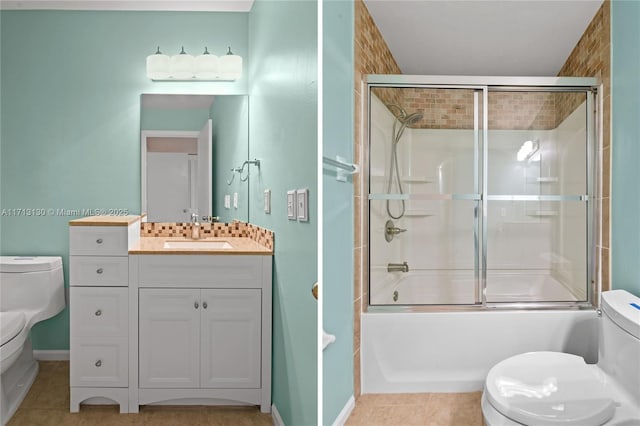 full bathroom featuring shower / bath combination with glass door, vanity, decorative backsplash, tile patterned floors, and toilet