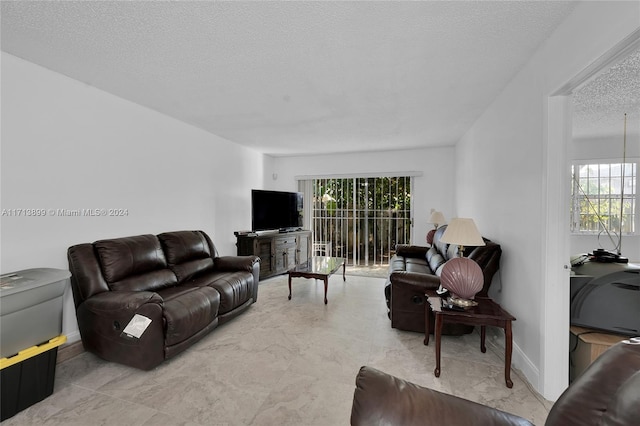 living room featuring plenty of natural light and a textured ceiling