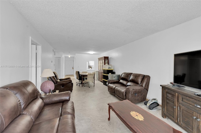 living room with a textured ceiling