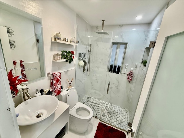 bathroom featuring walk in shower, vanity, and toilet