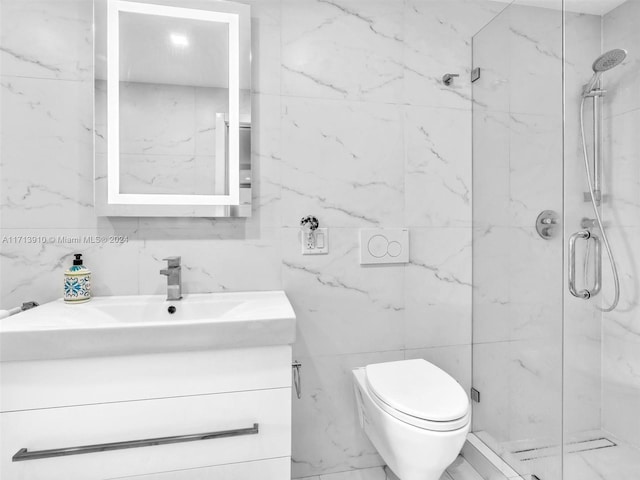 bathroom with an enclosed shower, vanity, and toilet