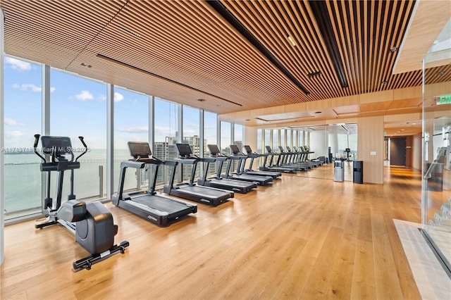 gym with floor to ceiling windows and wood finished floors