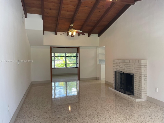 unfurnished living room featuring lofted ceiling with beams, ceiling fan, wooden ceiling, and a fireplace