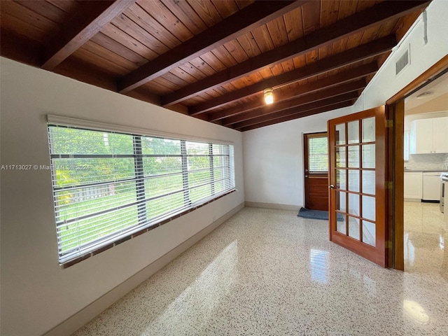 empty room featuring vaulted ceiling with beams and wooden ceiling