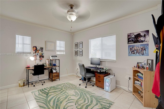 tiled office space with ceiling fan and ornamental molding