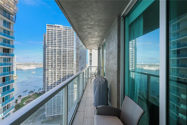 balcony with a water view and grilling area