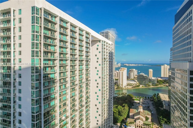 exterior space with a water view