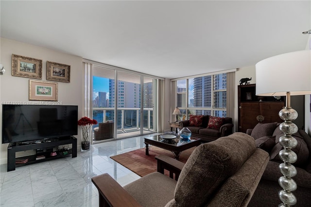 living room featuring a wall of windows