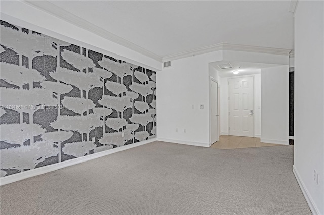 unfurnished room featuring crown molding and light colored carpet