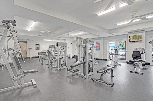 workout area featuring ceiling fan