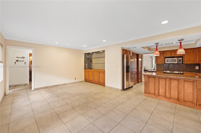 1709 Saint Andrews Rd, Hollywood, FL 33021 - kitchen featuring stainless steel appliances, recessed lighting, brown cabinets, light tile patterned floors, and tasteful backsplash