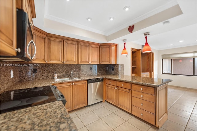 kitchen featuring kitchen peninsula, backsplash, stainless steel dishwasher, sink, and pendant lighting