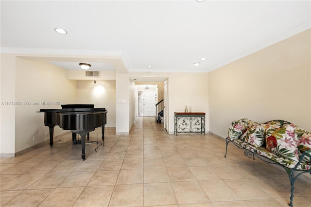 1709 Saint Andrews Rd, Hollywood, FL 33021 - living area with crown molding, recessed lighting, light tile patterned floors, and stairway