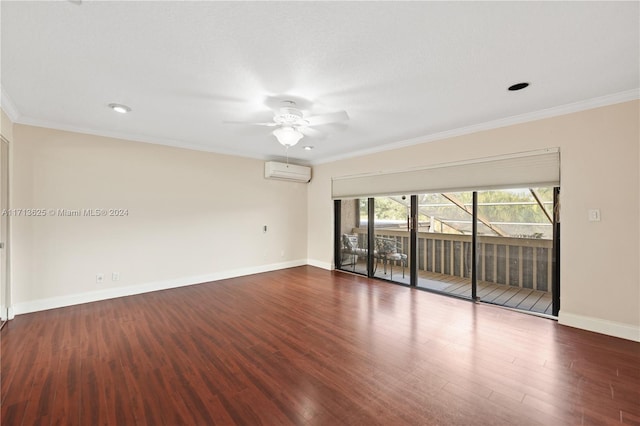 empty room featuring dark hardwood / wood-style flooring, an AC wall unit, ceiling fan, and crown molding