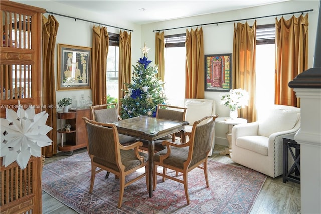 dining space with hardwood / wood-style flooring