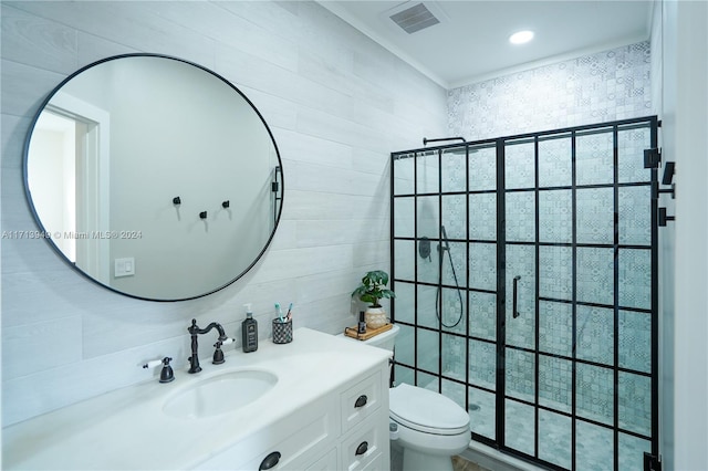 bathroom with vanity, toilet, and walk in shower