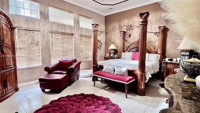 bedroom with a high ceiling, crown molding, and light tile patterned flooring