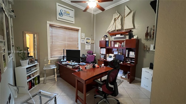 tiled office featuring crown molding and ceiling fan