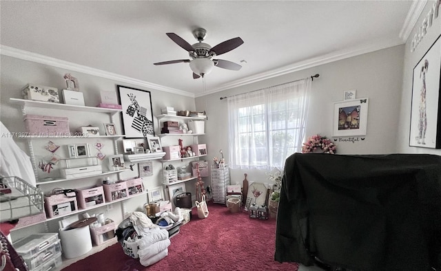 carpeted bedroom featuring ornamental molding and ceiling fan