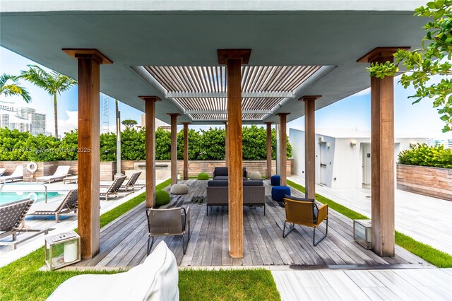 view of patio featuring a pool side deck, an outdoor hangout area, and a pergola