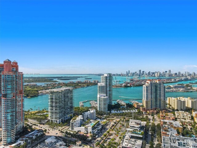 aerial view featuring a water view