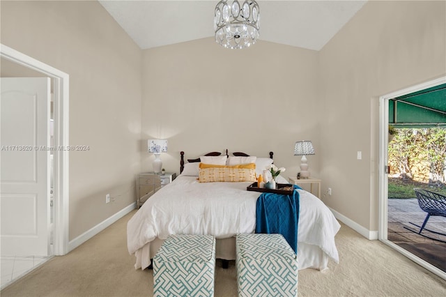 carpeted bedroom with access to exterior, a chandelier, and lofted ceiling