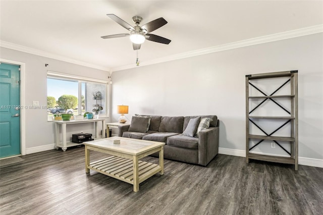 living room with ceiling fan, dark wood-type flooring, and crown molding