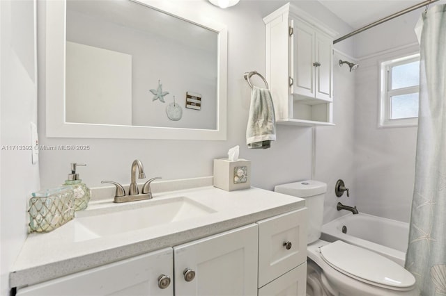 full bathroom featuring toilet, shower / bath combo, and vanity