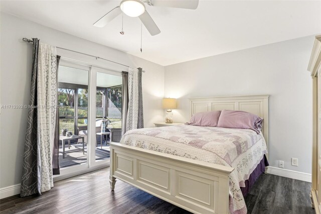 bedroom featuring dark wood-type flooring, access to outside, and ceiling fan