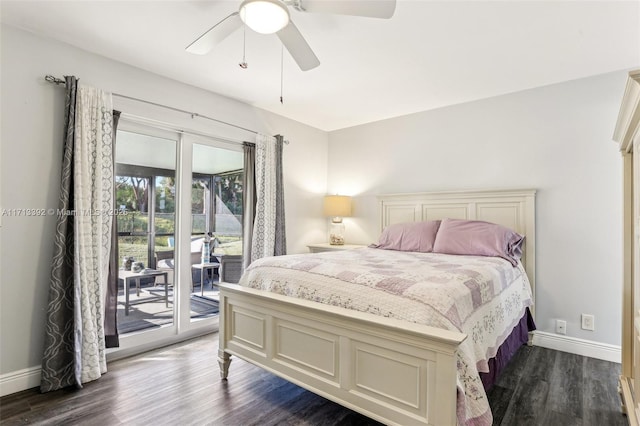 bedroom with access to outside, ceiling fan, and dark hardwood / wood-style floors