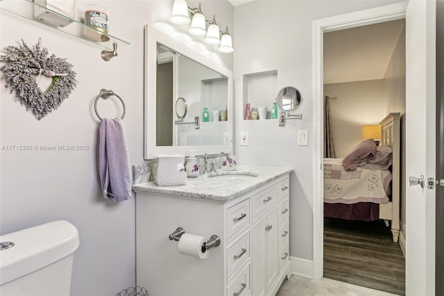 bathroom featuring hardwood / wood-style floors, vanity, and toilet