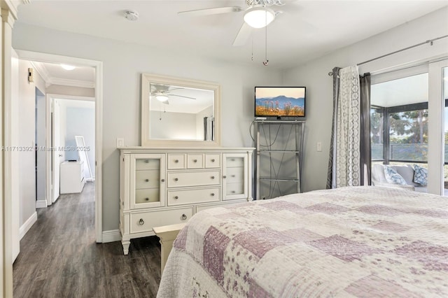 bedroom featuring ceiling fan, access to exterior, dark wood-type flooring, and crown molding