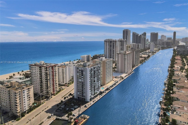 bird's eye view with a water view