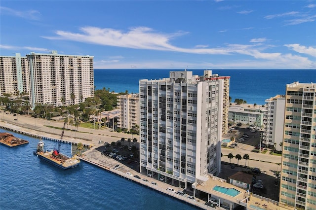 drone / aerial view with a water view