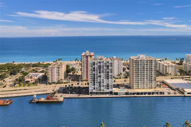 drone / aerial view with a water view