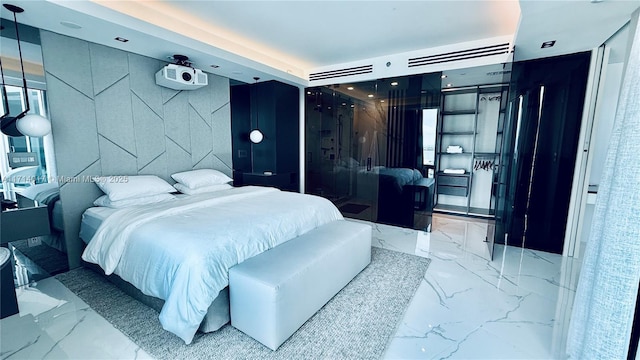 bedroom with tile walls