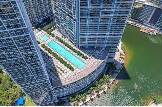 birds eye view of property featuring a water view