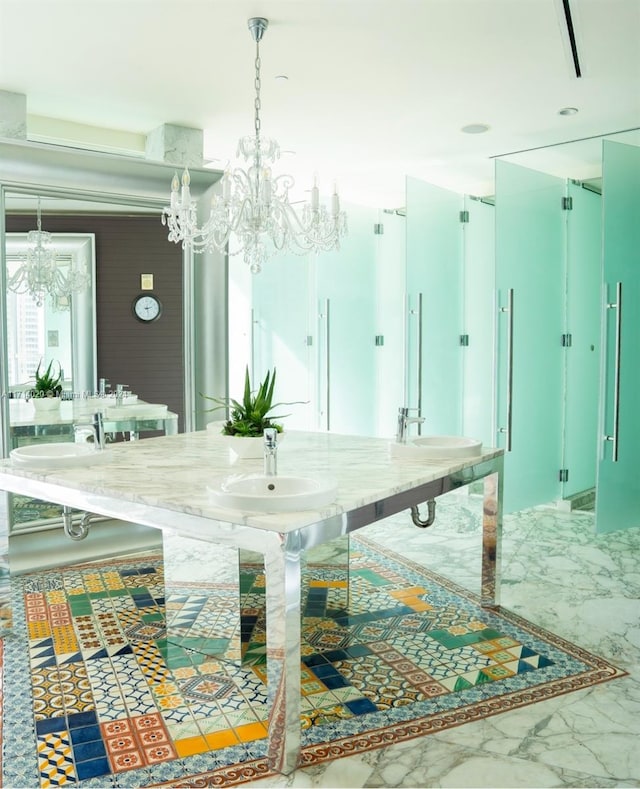 interior space with a notable chandelier and sink