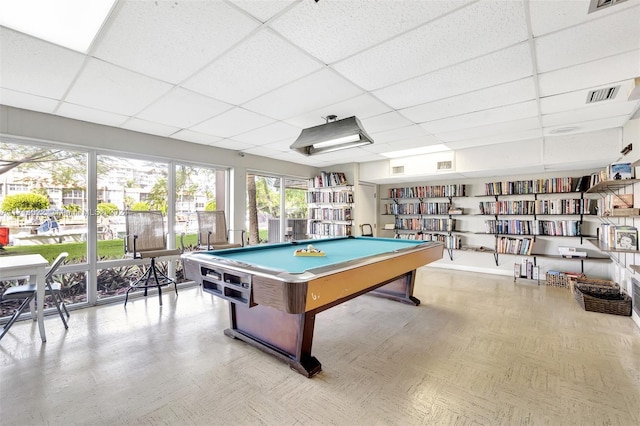 playroom with a drop ceiling and pool table