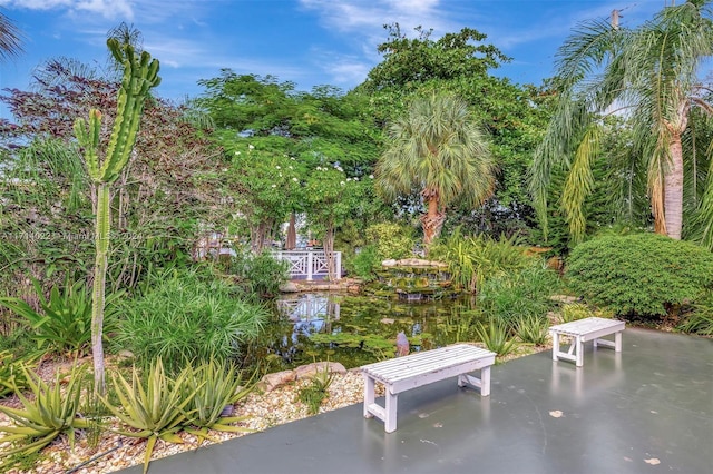 view of community featuring a water view and a patio