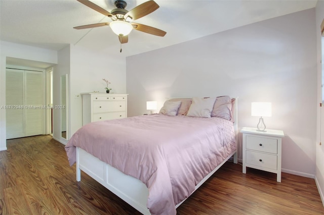 bedroom with a closet, ceiling fan, and dark wood-type flooring