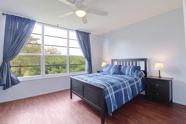 bedroom with baseboards, dark wood-style flooring, and multiple windows