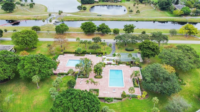 drone / aerial view with a water view