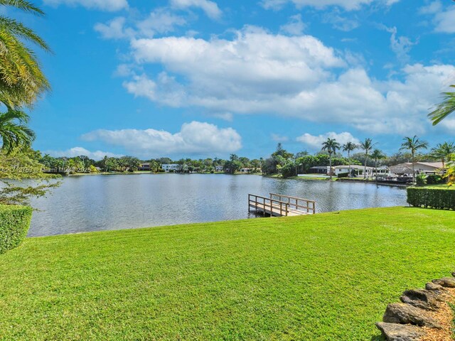 dock area featuring a yard and a water view