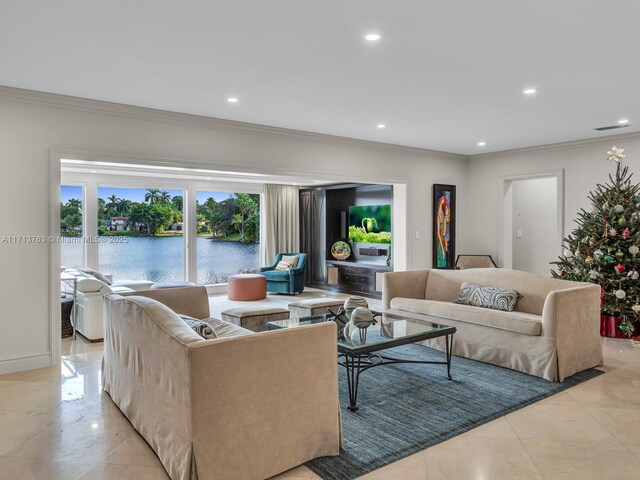 living room featuring ornamental molding