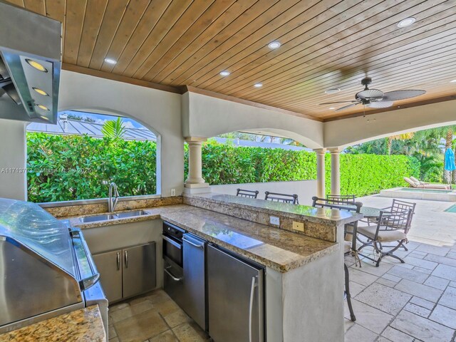 view of patio featuring an outdoor kitchen, ceiling fan, a wet bar, and grilling area